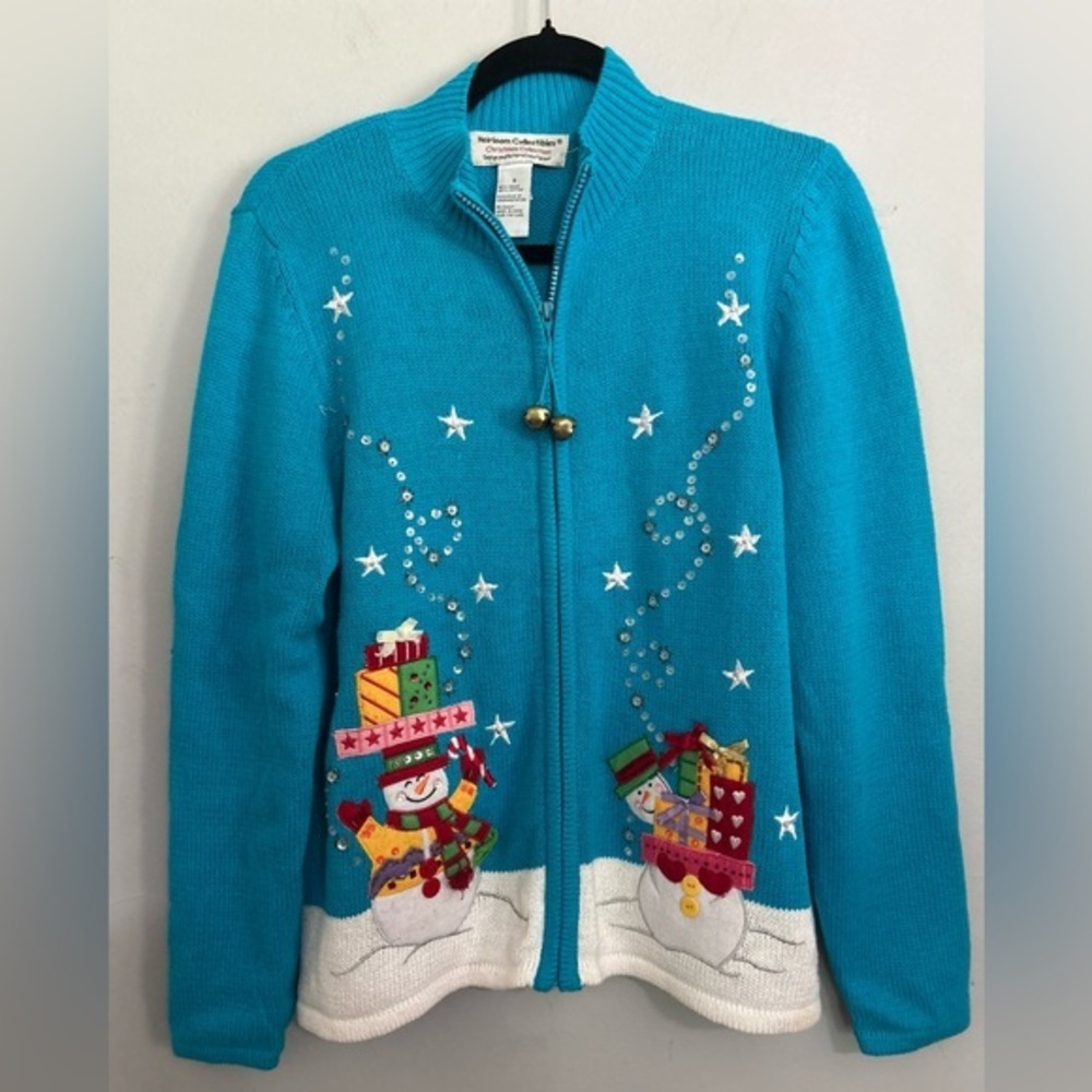 Heirloom Collectibles Women’s Small Blue Ugly Christmas Sweater Snowmen Sequins